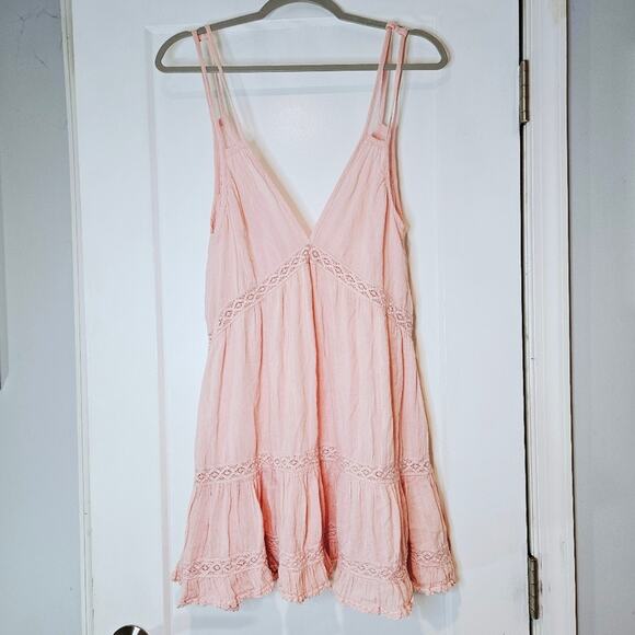 Honorine Dresses & Skirts - Honorine Pink Tiered Mini Dress Cotton Crochet Lace V Neck Strappy S